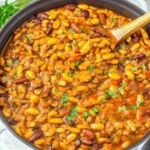 Cowboy Beans in a pot with mixed beans simmered in smoky BBQ tomato sauce, topped with chopped parsley and a wooden spoon.