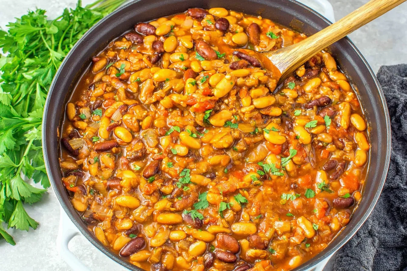 Cowboy Beans in a pot with mixed beans simmered in smoky BBQ tomato sauce, topped with chopped parsley and a wooden spoon.