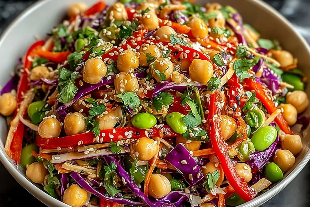 Crunchy Thai Chickpea Salad in a bowl with chickpeas, red bell pepper, shredded carrots, purple cabbage, cilantro, edamame, and sesame seeds.