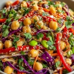 Crunchy Thai Chickpea Salad in a bowl with chickpeas, red bell pepper, shredded carrots, purple cabbage, cilantro, edamame, and sesame seeds.