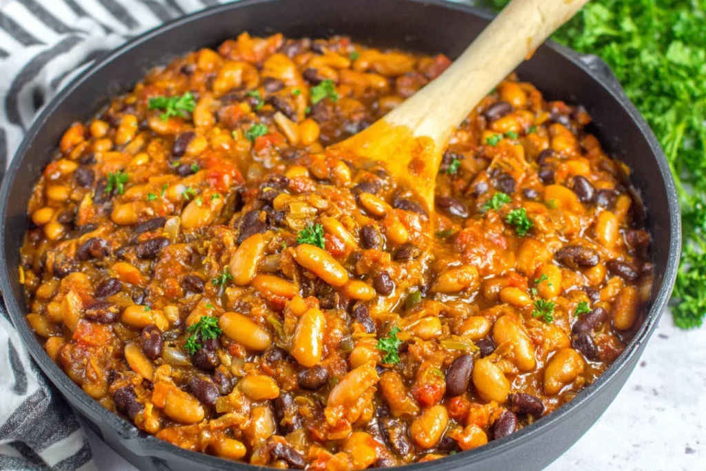 Cowboy Beans simmering in a skillet with mixed beans in smoky BBQ tomato sauce, garnished with parsley and stirred with a wooden spoon.