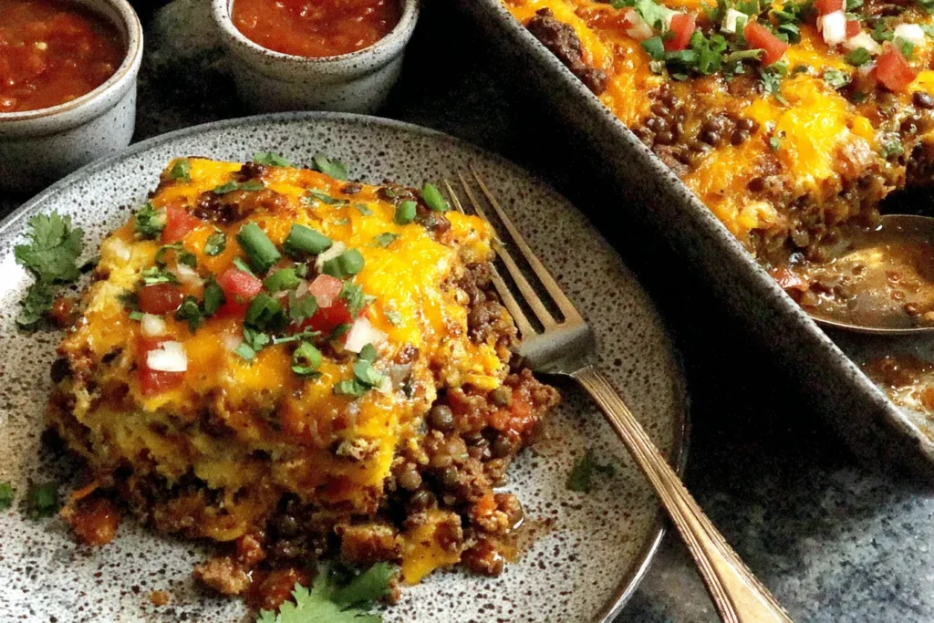 Vegetarian lentil casserole slice served with cheese and fresh toppings