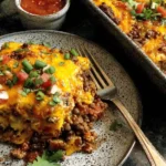 Vegetarian lentil casserole slice served with cheese and fresh toppings