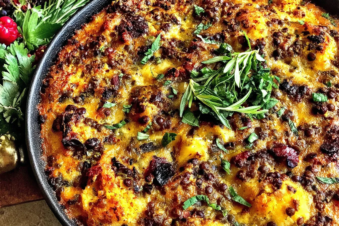 Vegetarian lentil casserole baked until golden with herbs and cheese