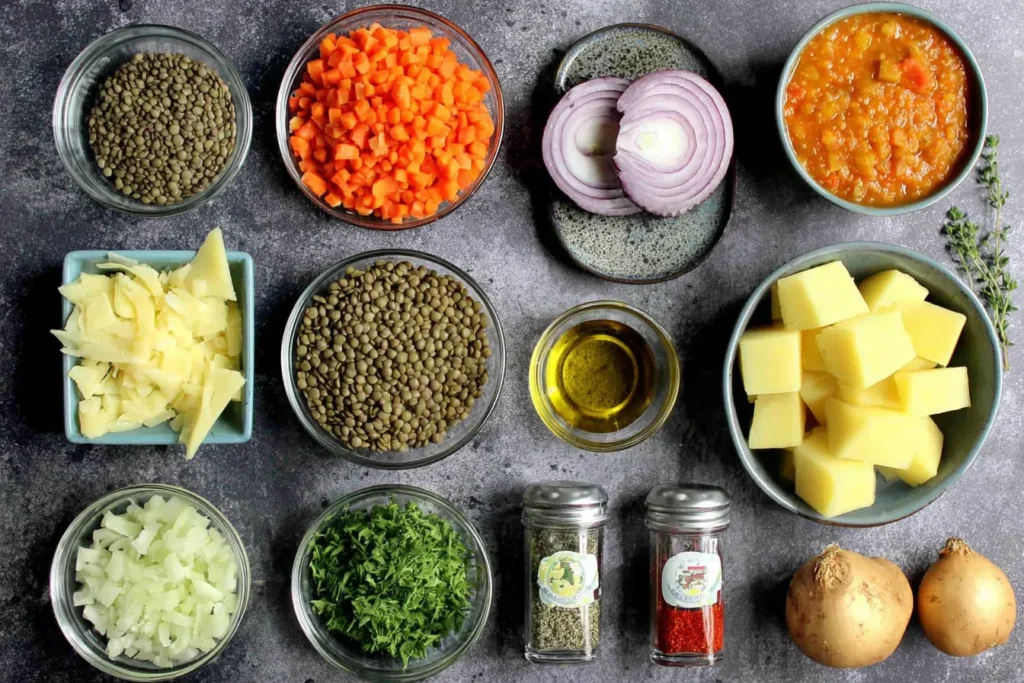 Ingredients for vegetarian lentil casserole including lentils vegetables and spices