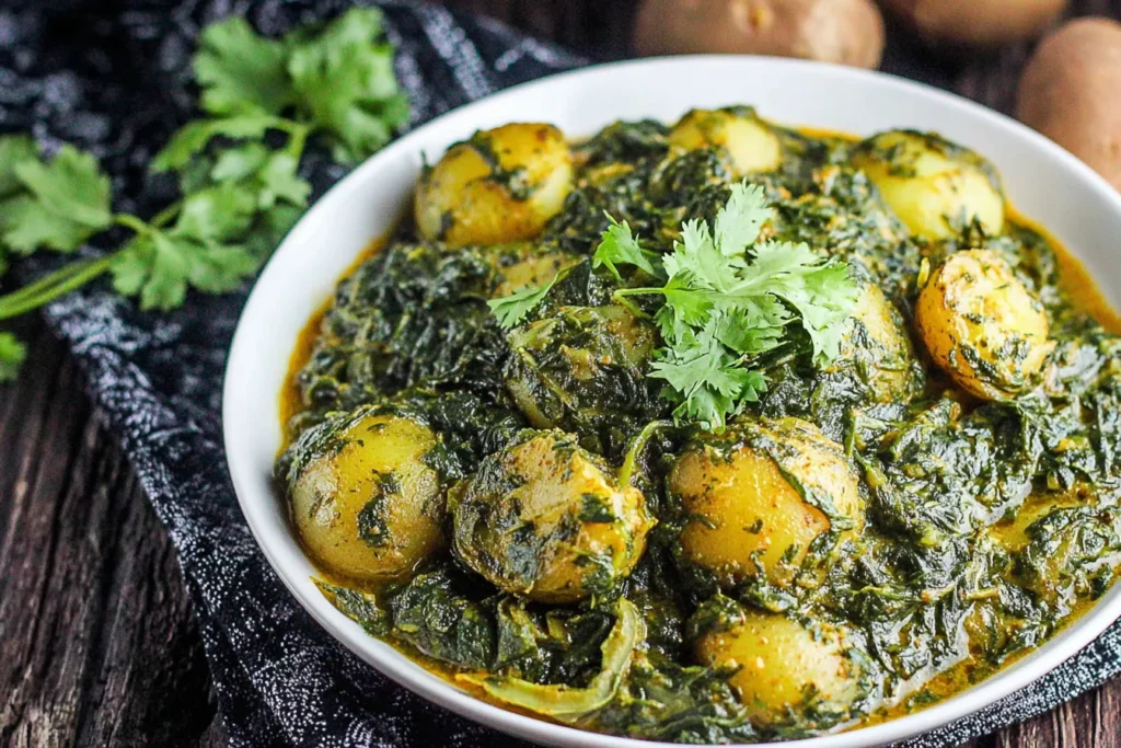 Aloo Palak (Potato and Spinach Curry) garnished with fresh herbs in a white bowl