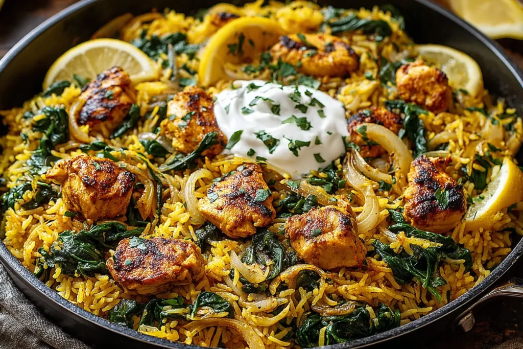 Anti-Inflammatory Turmeric Chicken & Rice with golden chicken pieces, basmati rice, caramelized onions, and fresh herbs