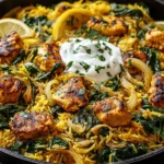 Anti-Inflammatory Turmeric Chicken & Rice with golden chicken pieces, basmati rice, caramelized onions, and fresh herbs