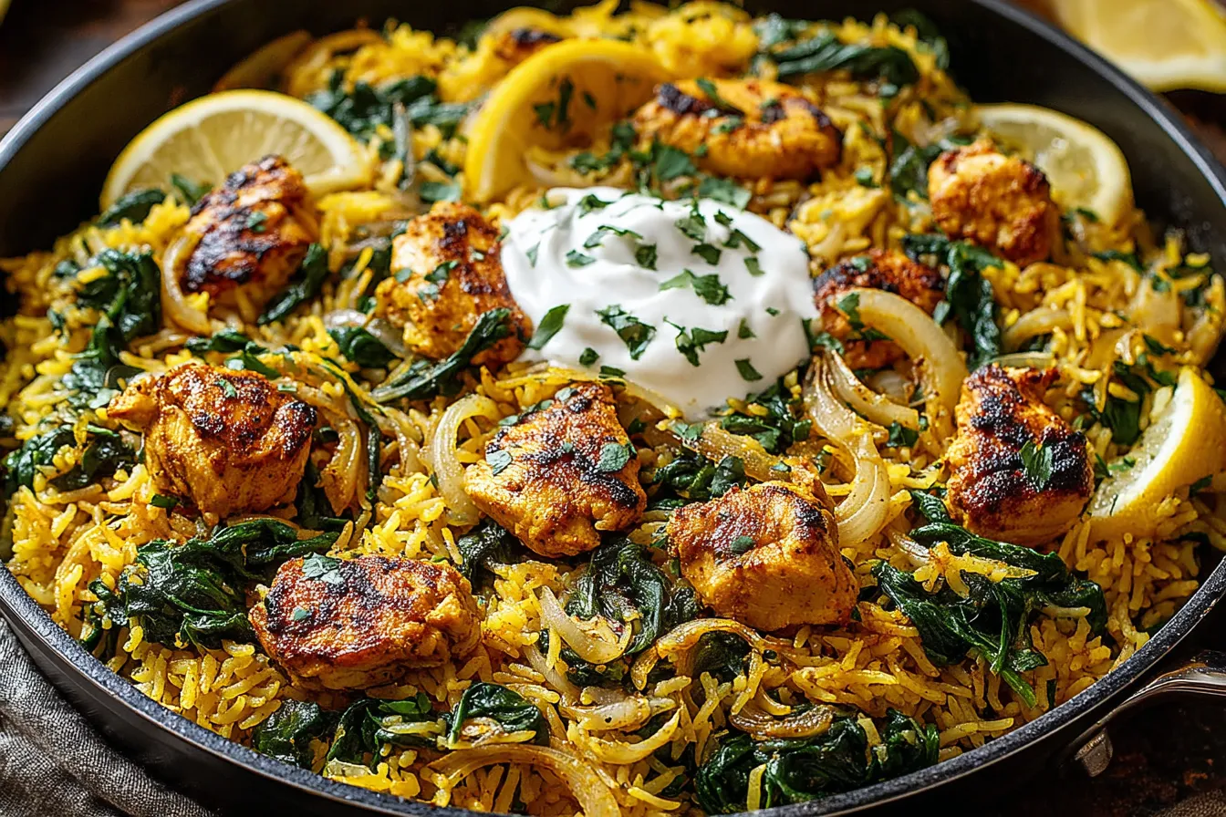 Anti-Inflammatory Turmeric Chicken & Rice with golden chicken pieces, basmati rice, caramelized onions, and fresh herbs