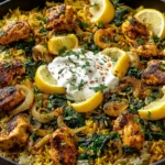 Anti-Inflammatory Turmeric Chicken & Rice cooked in a one-pan skillet with spinach, lemon wedges, and creamy yogurt topping