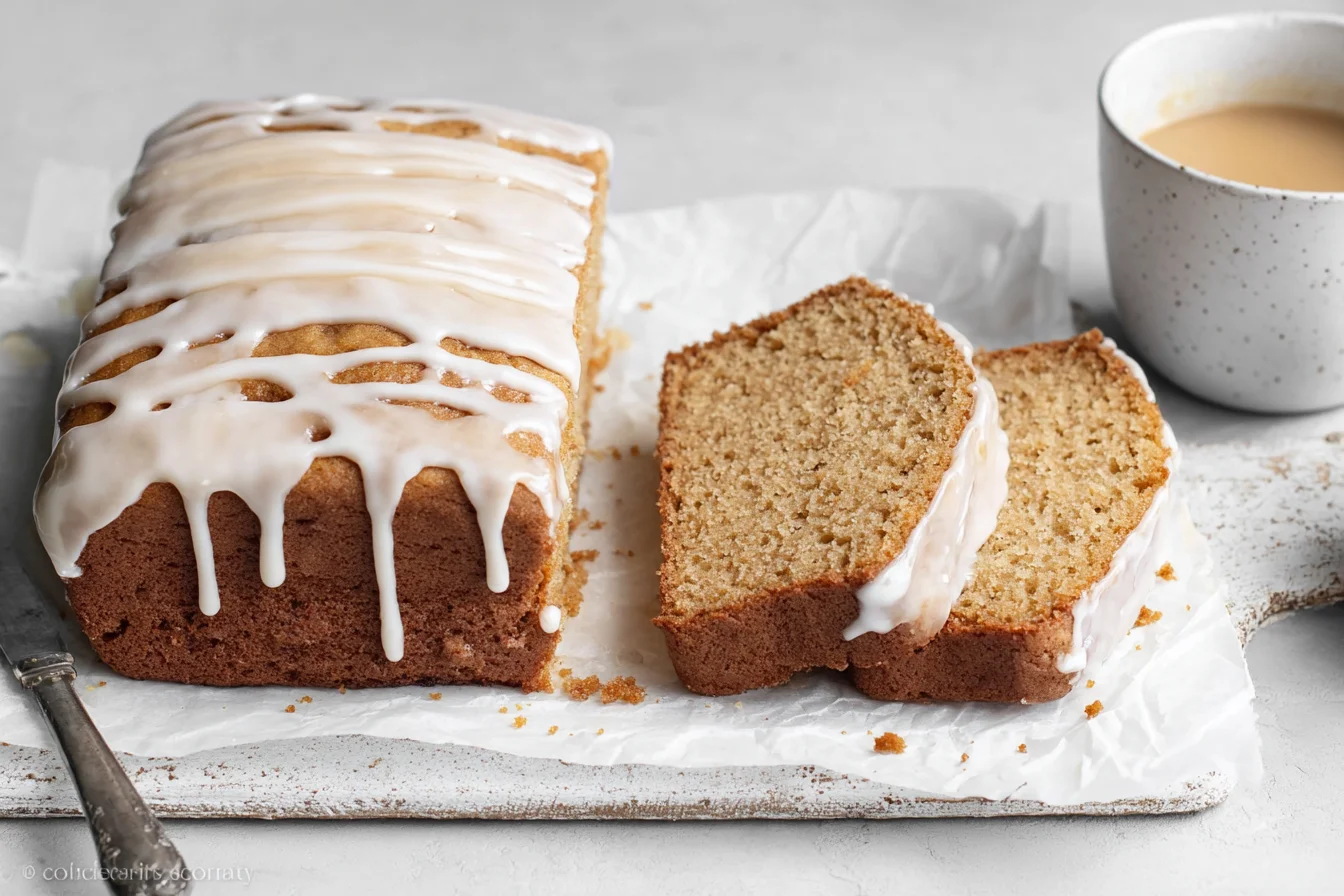 Apple Spice Cake loaf drizzled with vanilla glaze, sliced to show moist crumb, served on parchment with a cup of coffee.