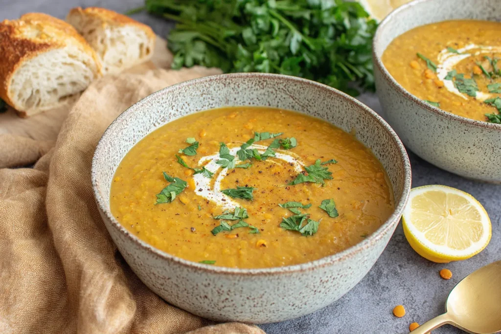 Arabic Lentil Soup in a ceramic bowl with bread and lemon on the side