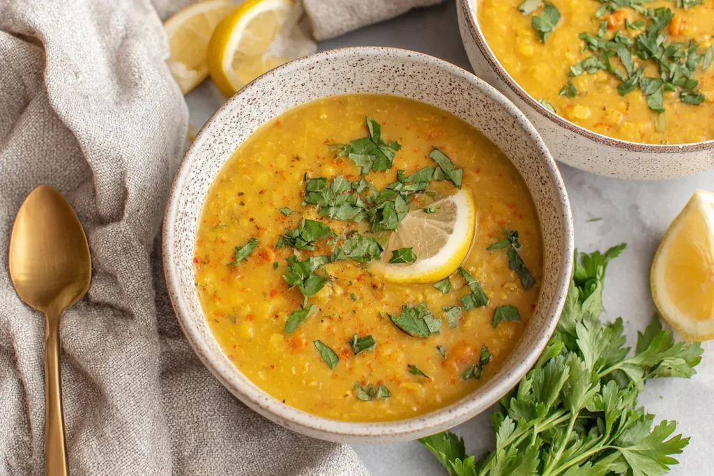 Arabic Lentil Soup garnished with parsley and spices, ready to serve