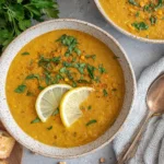 Arabic Lentil Soup served with lemon slices and fresh herbs in a rustic bowl