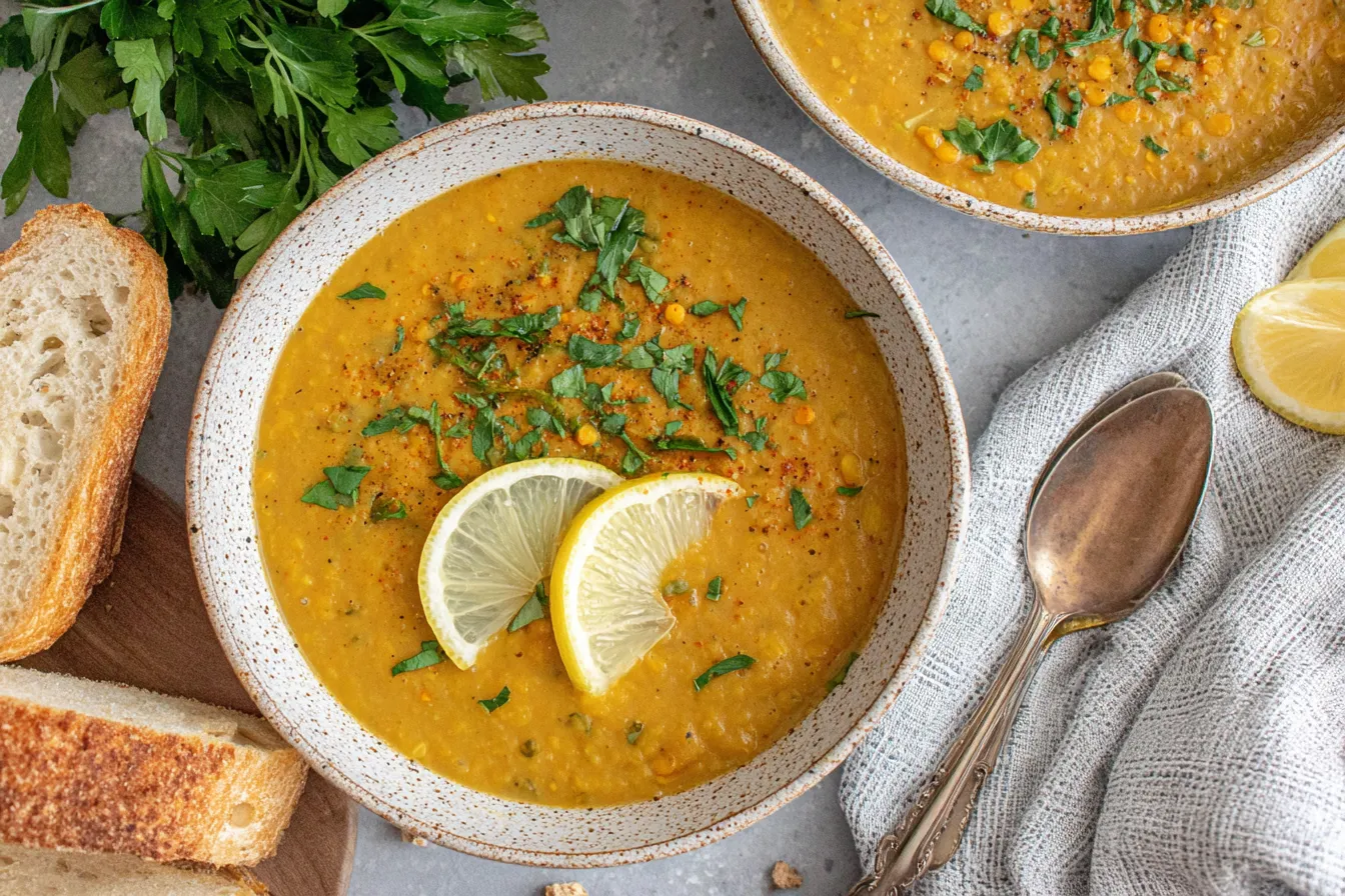 Arabic Lentil Soup served with lemon slices and fresh herbs in a rustic bowl
