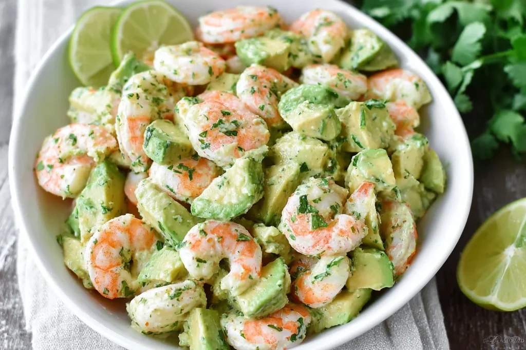 Avocado Shrimp Salad in a white bowl with plump shrimp, creamy avocado chunks, fresh cilantro, and lime wedges on the side.