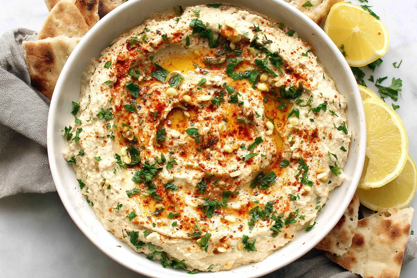 Baba Ganoush served with pita bread and lemon wedges, drizzled with olive oil and sprinkled with parsley