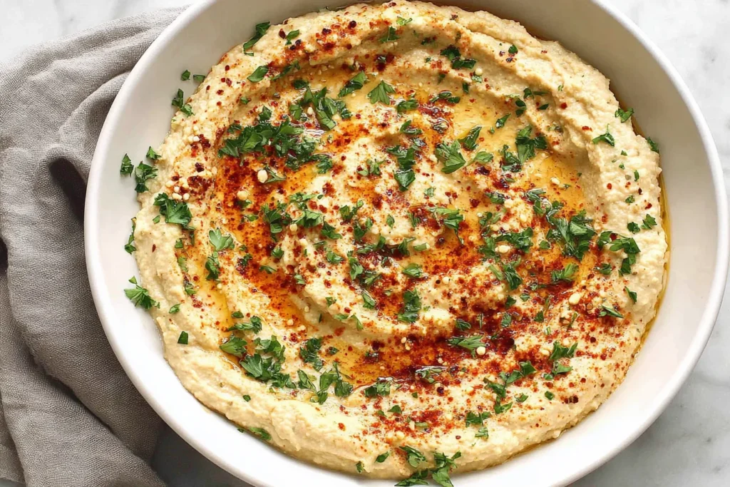 Baba Ganoush topped with olive oil, smoked paprika, and fresh parsley in a white bowl
