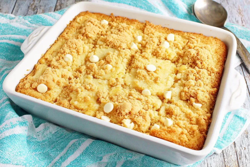 Banana Blondies baked in 9x13 pan with white chocolate chips and crumb topping