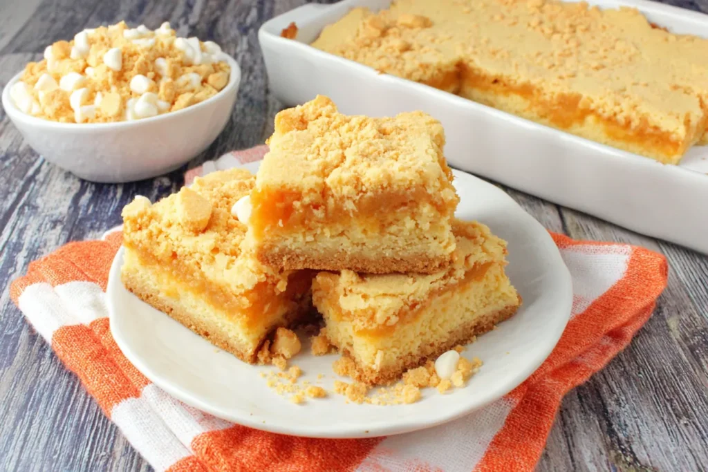 Banana Blondies soft and chewy bars with vanilla wafer crust and white chocolate chips on a plate