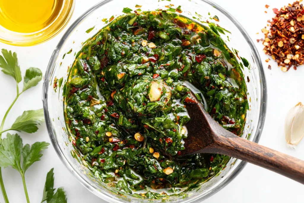 Best Ever Chimichurri Recipe with olive oil, parsley, garlic, and crushed red pepper in a glass bowl