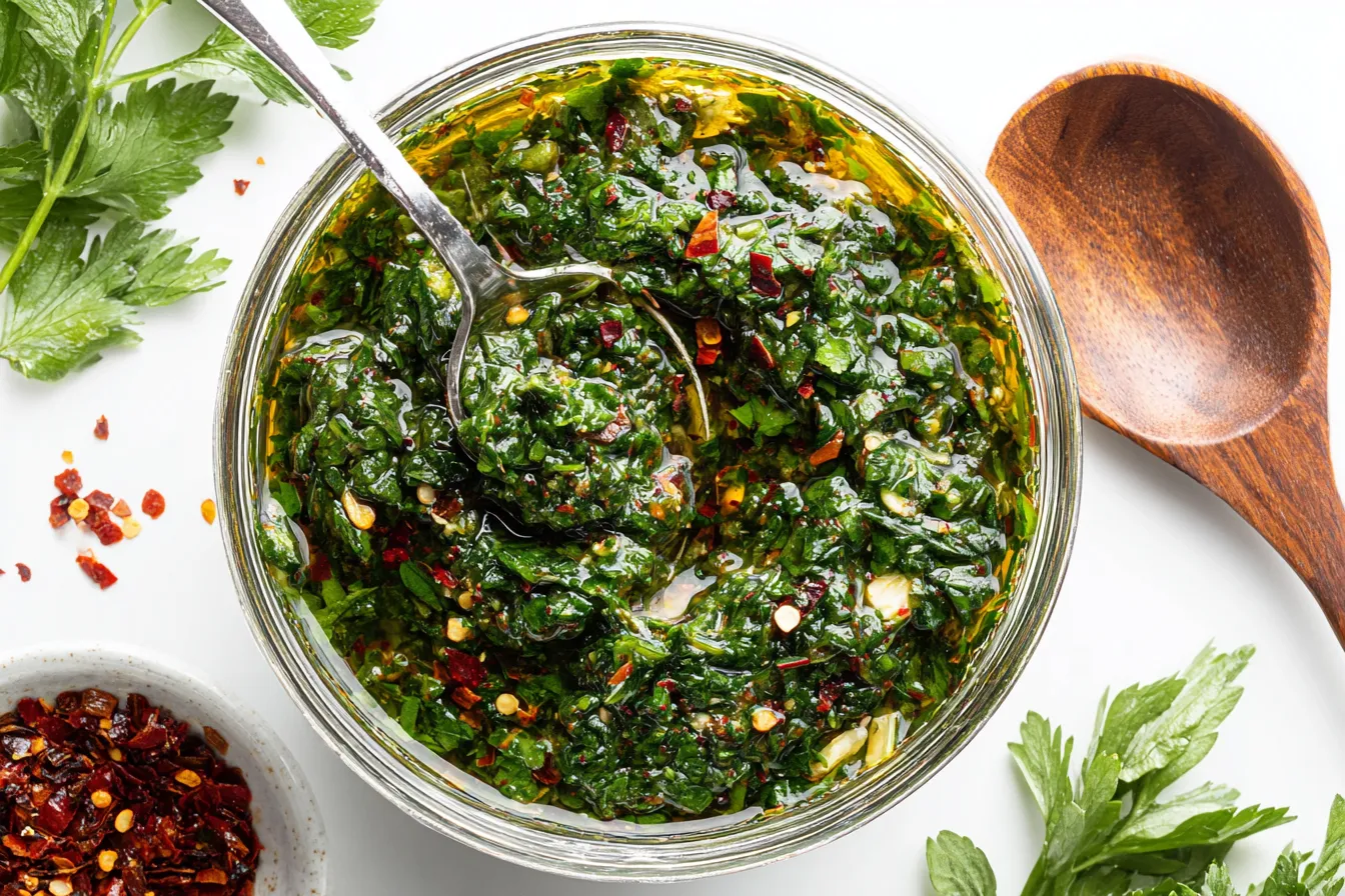 Best Ever Chimichurri Recipe in a glass jar with fresh parsley, garlic, olive oil, and red pepper flakes