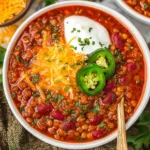 Bowl of Crock Pot Lentil Chili topped with shredded cheddar, sour cream, sliced jalapeños, and cilantro.