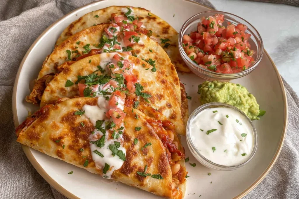 Buffalo White Bean Tacos pan-fried until crispy, topped with diced tomatoes and herbs, served with salsa, guacamole, and sour cream.