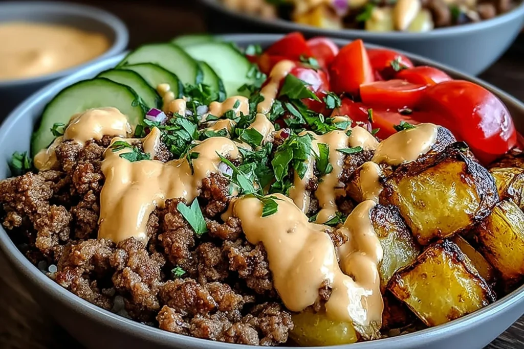 Burger Bowls with seasoned ground beef, roasted potatoes, sliced cucumbers, cherry tomatoes, and creamy burger sauce over a hearty base.