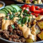 Burger Bowls with seasoned ground beef, roasted potatoes, sliced cucumbers, cherry tomatoes, and creamy burger sauce over a hearty base.