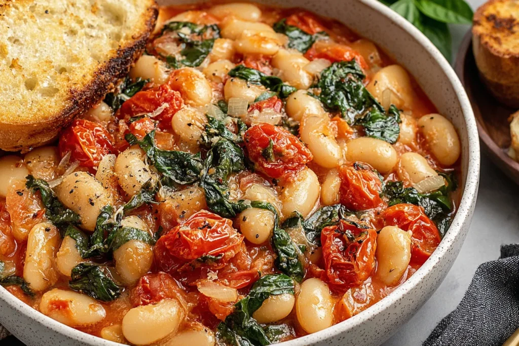 Burst Tomato Basil Butter Beans Recipe served with toasted bread and fresh basil garnish