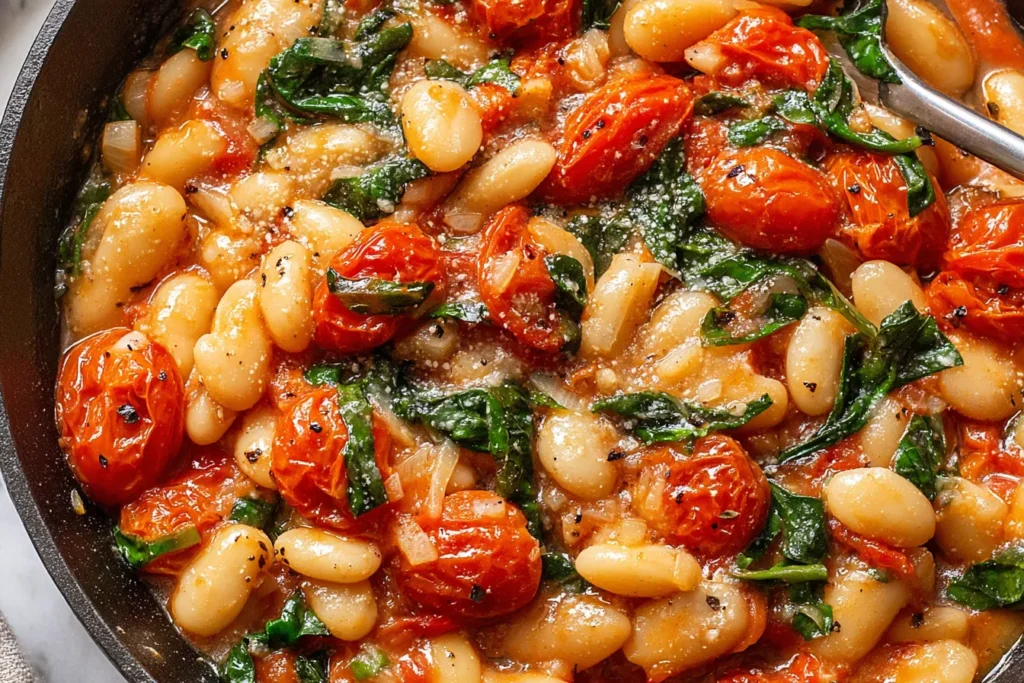 Burst Tomato Basil Butter Beans Recipe cooking in skillet with garlic, basil, and cherry tomatoes