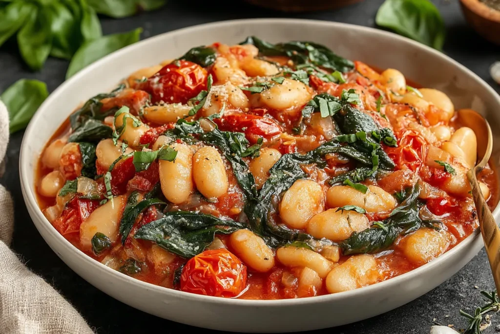 Burst Tomato Basil Butter Beans Recipe served in a ceramic bowl with fresh basil and cherry tomatoes