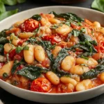 Burst Tomato Basil Butter Beans Recipe served in a ceramic bowl with fresh basil and cherry tomatoes