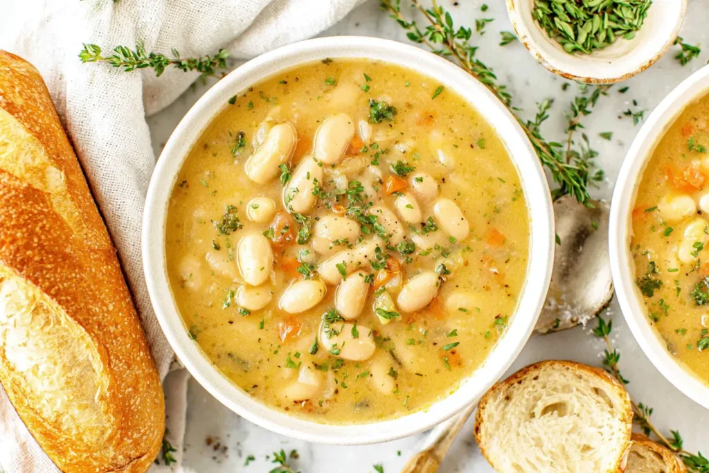 Homemade butter bean soup garnished with herbs and olive oil