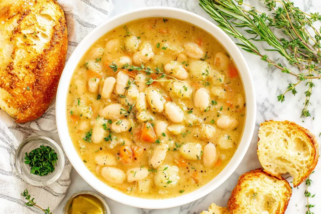 Creamy butter bean soup with herbs and crusty bread