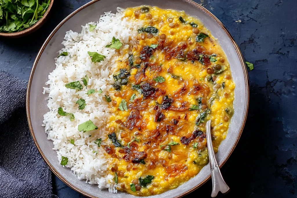 Caramelized Onion Dal served with fluffy white rice, topped with caramelized onions, herbs, and a rich golden lentil curry.