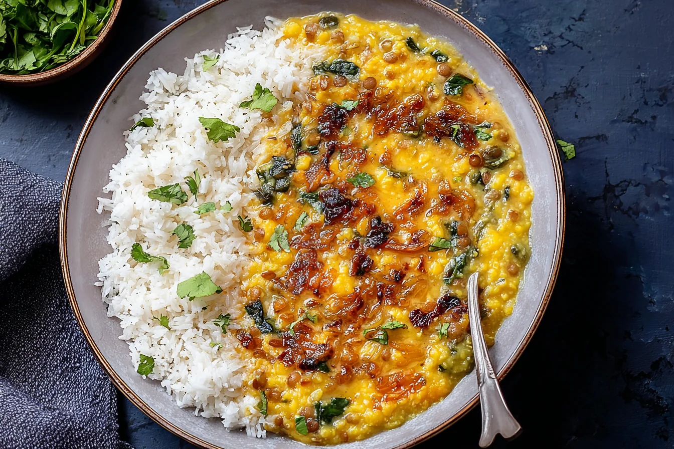 Caramelized Onion Dal served with fluffy white rice, topped with caramelized onions, herbs, and a rich golden lentil curry.