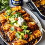 Black Bean Enchiladas in red enchilada sauce topped with melted cheese, avocado, sour cream, and fresh cilantro.