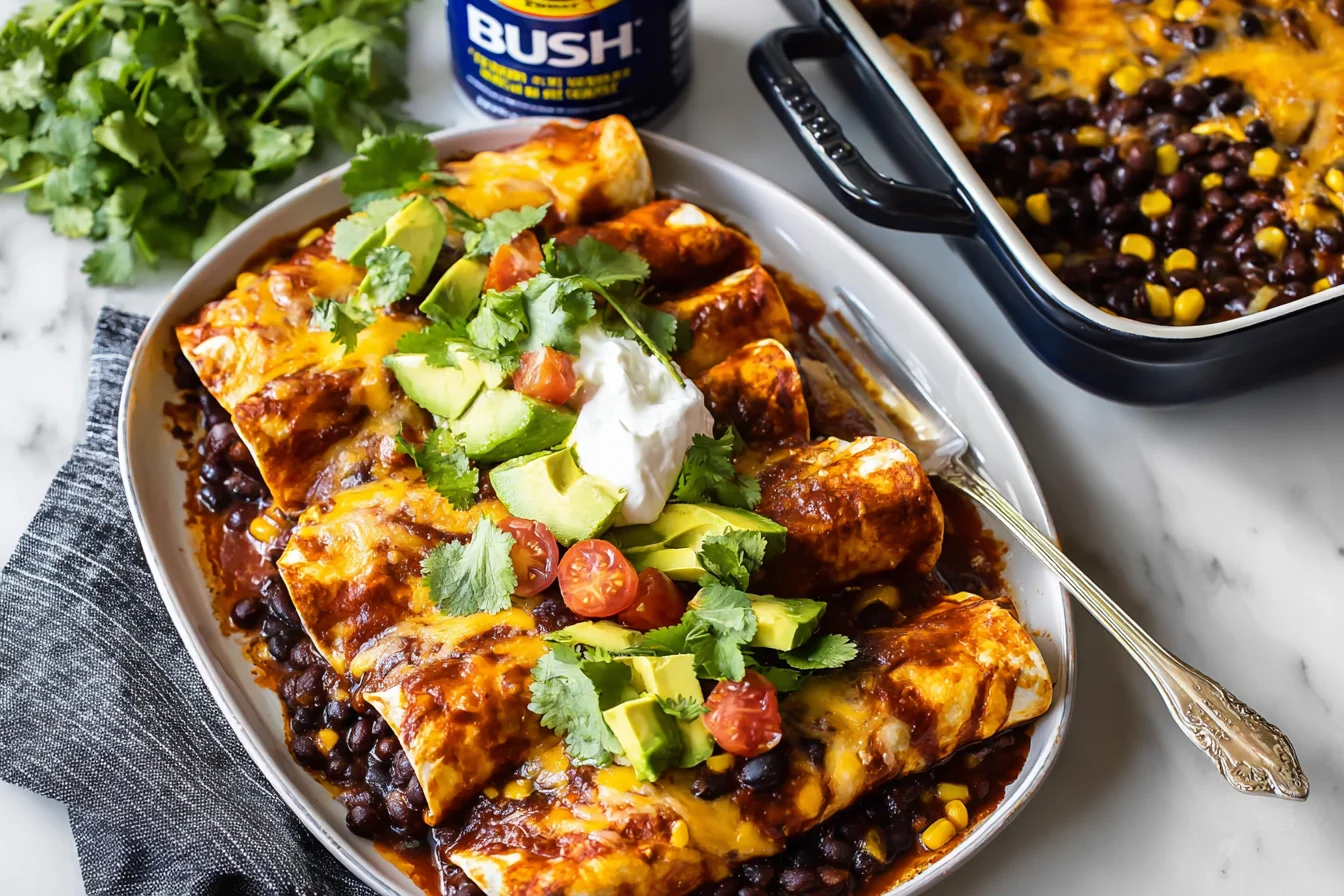 Black Bean Enchiladas in red enchilada sauce topped with melted cheese, avocado, sour cream, and fresh cilantro.