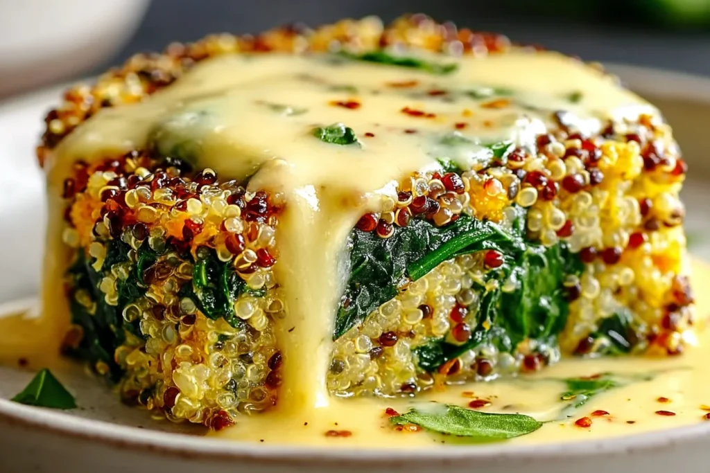 Healthy Quinoa Lentil Spinach Bake slice topped with creamy melted cheese sauce, showing quinoa grains and spinach layers