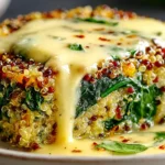 Healthy Quinoa Lentil Spinach Bake slice topped with creamy melted cheese sauce, showing quinoa grains and spinach layers