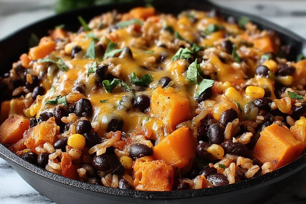 Southwest Black Bean Skillet Recipe in a cast-iron skillet with rice, black beans, sweet potatoes, corn, melted cheddar, and cilantro.