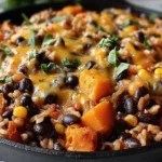 Southwest Black Bean Skillet Recipe in a cast-iron skillet with rice, black beans, sweet potatoes, corn, melted cheddar, and cilantro.