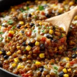 Close-up spoonful of Vegetarian Mexican Lentils with black beans, corn, tomatoes, and melted cheese in a skillet, topped with fresh herbs.