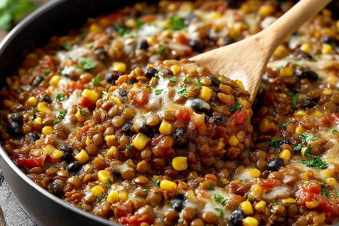Close-up spoonful of Vegetarian Mexican Lentils with black beans, corn, tomatoes, and melted cheese in a skillet, topped with fresh herbs.