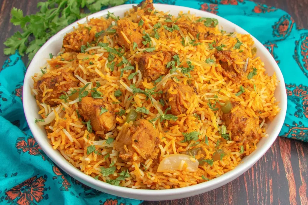 Chicken Biryani with spiced rice and chicken pieces ready to serve
