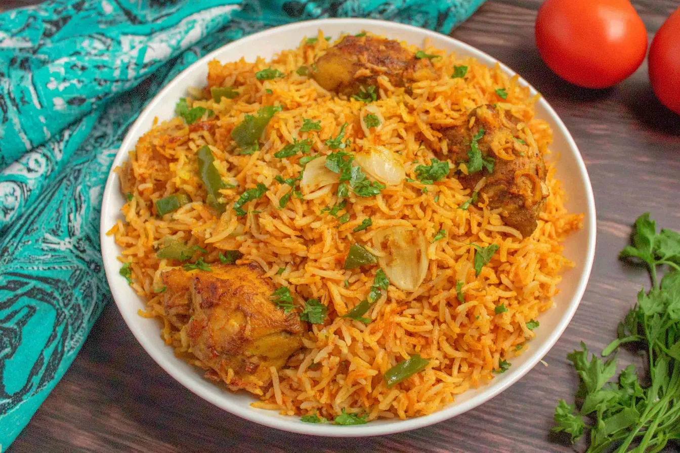 Chicken Biryani served in a white bowl with fragrant basmati rice and tender chicken