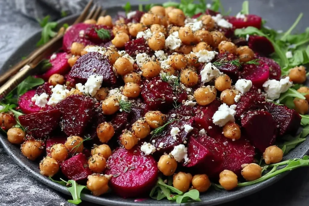 Chickpea Beet and Feta Salad over arugula with roasted beet slices, chickpeas, crumbled feta, and herbs on a dark plate.