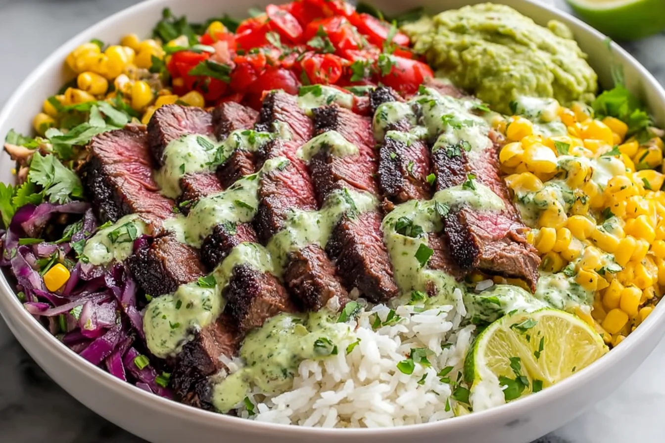 Cilantro Lime Steak Bowls with sliced grilled steak, cilantro-lime sauce, rice, black beans, corn, pico de gallo, and guacamole.
